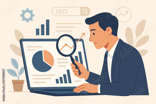Man analyzing SEO data on laptop with magnifying glass. Concept for business analytics, market research, financial report, statistics, growth, and digital marketing strategy.