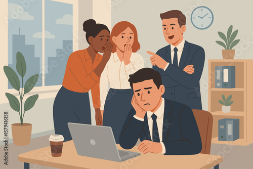 Office Gossip and Workplace Bullying Concept, Business Colleagues Whispering Rumors and Spreading Misinformation, Unhappy Employee Victim of Harassment and Exclusion