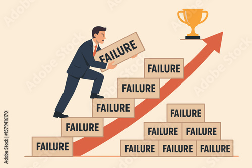 Success from failure concept. Businessman building stairs with failure blocks to reach trophy. Metaphor for overcoming adversity, persistence, motivation and personal growth.