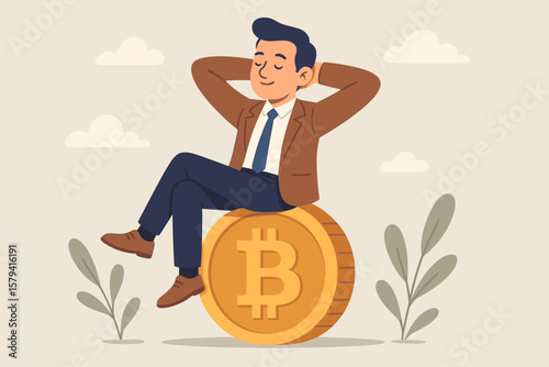 Successful Bitcoin investor relaxing on a giant coin. Concept of cryptocurrency wealth, financial freedom, passive income, market growth, profit, and digital currency success.