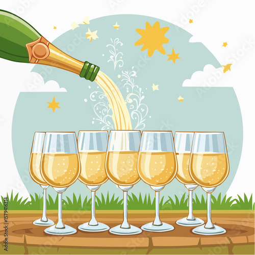 Champagne is being poured into glasses at an outdoor wedding party