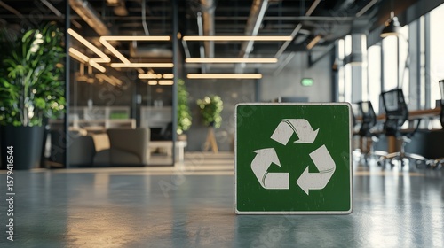 Green Office Eco-Friendly Workspace: Recycling Symbol in Modern Interior Design