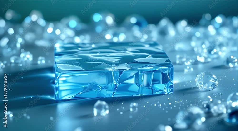 Sparkling ice block radiates coolness, with frozen water droplets in a refreshing and serene winter setting