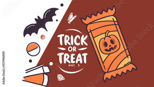 Illustration featuring trick or treat text, a bat, candy corn and a pumpkin candy wrapper design
