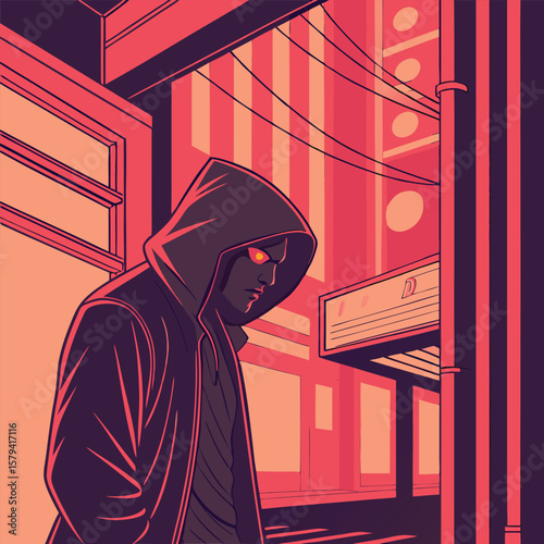 Hooded Figure in Neon-Lit Urban Alley – Atmospheric Digital Illustration