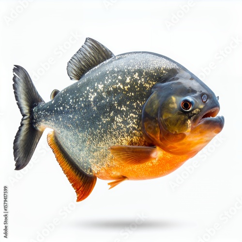 Solitary piranha with iridescent scales, swimming in clear presentation on white background