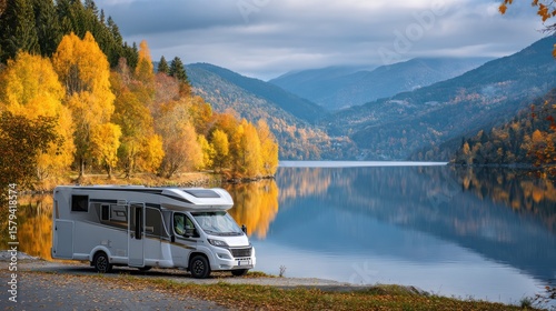 Fototapeta Naklejka Na Ścianę i Meble -  An RV is parked near a tranquil lake reflecting vibrant autumn colors. Majestic mountains rise in the background, creating a picturesque backdrop for outdoor adventure