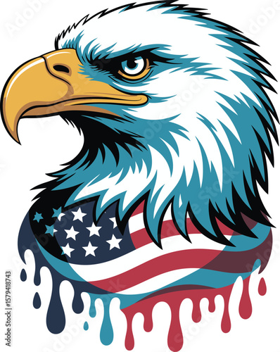 American bald eagle mascot with wings and American flag flying symbol