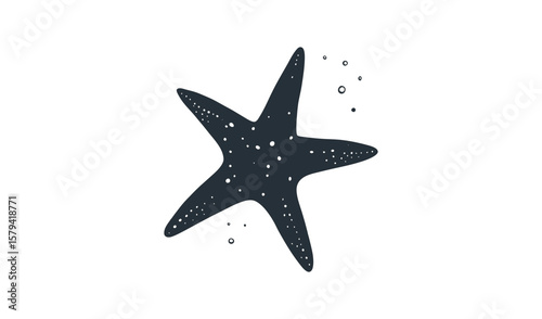 Dark silhouette of a starfish with white dots and bubbles on a white background