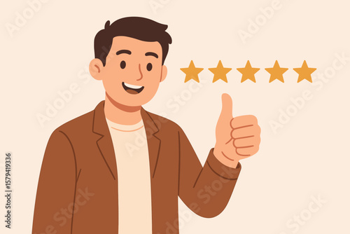 Happy man giving thumbs up for a five-star rating. Customer satisfaction concept. Positive feedback, high-quality service review, and excellent user experience for business.