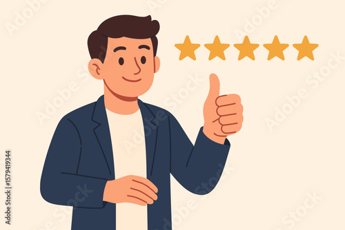Customer review rating. Man giving positive feedback with five star rating. Thumbs up for excellent service or product quality. Client satisfaction and user experience concept.