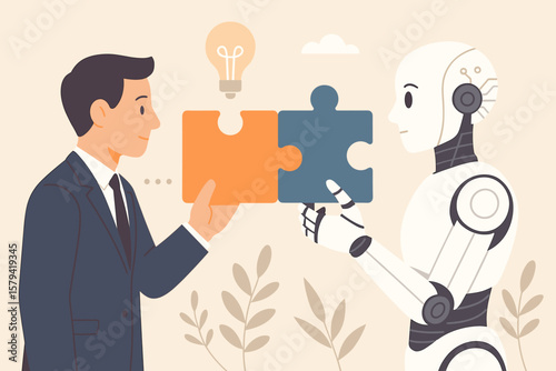 Human and robot AI teamwork concept. Businessman and android cooperate on a business solution. Future technology, innovation, and partnership metaphor with puzzle pieces.
