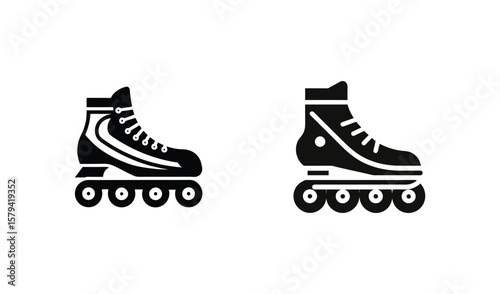 Two black silhouette icons of roller skates on a white background