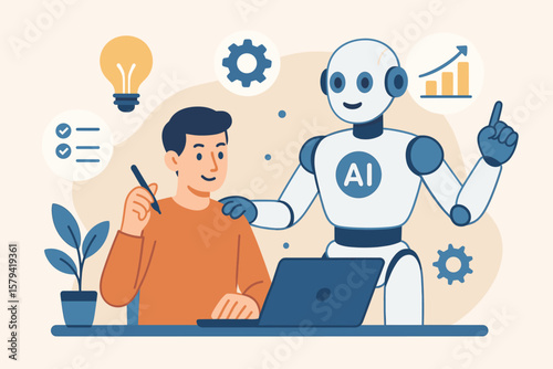 AI assistant for productivity. Artificial intelligence innovation. Technology for work efficiency, automation, robotic assistance. Smart business solution concept with AI robot.