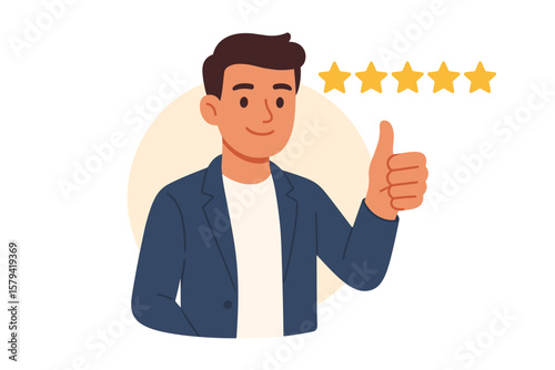 Customer satisfaction concept with 5 star rating. Man giving thumbs up for best review and positive feedback. Excellent high quality service and good user experience evaluation.