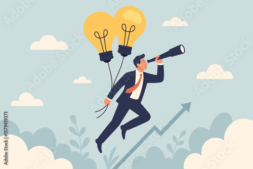 Business ideas, creativity for new success. Visionary businessman with telescope flies on lightbulb balloons. Concept for innovation, finding solutions, new opportunity, growth.
