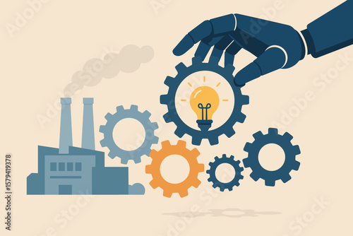 Factory automation with AI robot hand integrating an idea lightbulb gear into the production line. Business solution, technology, efficiency, industry 4.0, and optimization concept.