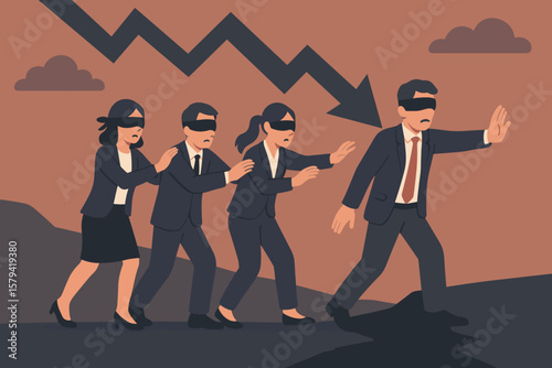 Concept of bad leadership and blindly following. Blindfolded businesspeople walk off a cliff. Metaphor for crisis, failure, mistake, struggle, risk and hopeless direction.