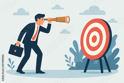 Businessman with telescope looking at target. Business goal, vision, future, and strategy concept. Aiming for success, investment return, and career objective metaphor.