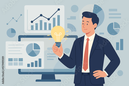 Business intelligence concept. Data analysis for insight. Making a business decision for success. Information report for management. Businessman with a lightbulb idea.