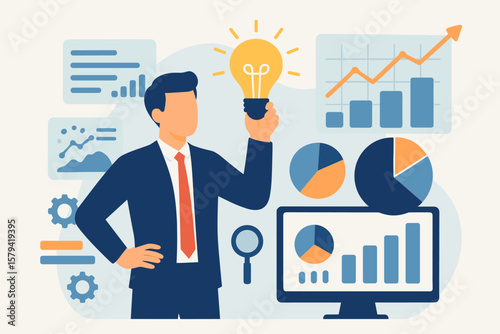 Business intelligence, data analysis for insight, making business decisions for success. Information report for management concept. Businessman holding smart lightbulb idea.