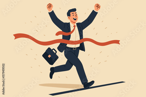 Businessman winning a race, celebrating victory at the finish line. Business success or achievement concept. Skill and effort to succeed in work. Motivation to win a competition.
