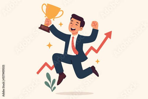 Success achievement vector concept. Businessman celebrating victory. Winner holding gold trophy. Award prize. Happy employee character illustration. Business growth arrow. Leadership.