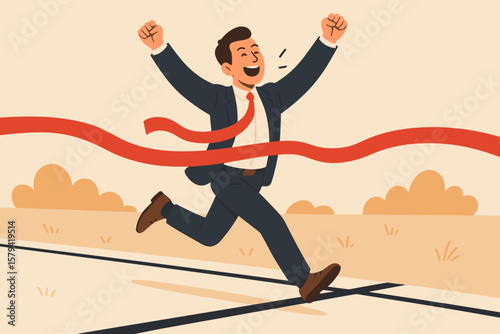 Businessman celebrating victory at the finish line. Concept of business success, achievement, and winning a competition. Metaphor for skill, effort, and motivation to succeed.