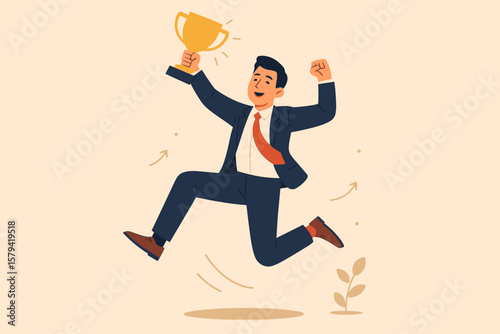 Celebrate work achievement, success or victory in business competition. Happy businessman character holding winning prize or trophy. Challenge or succeed concept illustration.