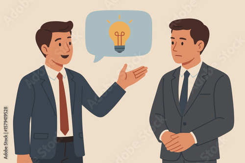 Businessman sharing creative idea. Communication, discussion for improvement. Collect feedback, employee survey, customer advice. Opinion for success. Innovation concept.