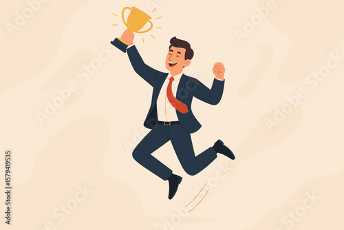 Happy businessman celebrating work achievement and success. Man holding golden trophy prize for victory in business competition. Leadership and goal achievement concept vector.