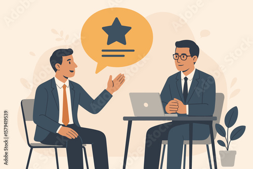 Concept of collecting feedback with businessmen in a meeting. Employee performance review, customer advice, sharing ideas for improvement. Professional communication, discussion.