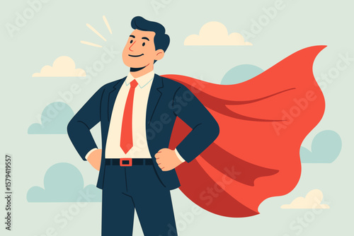 Confident businessman with a superhero cape as a success and leadership concept. Strong employee metaphor for ambition, career growth, winning, and goal achievement.