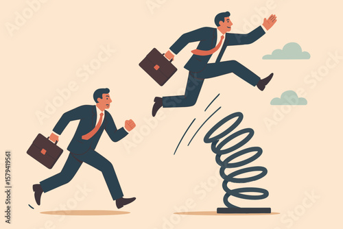 Competitive advantage and innovation to outsmart business rivals. Businessman with a smart strategy jumping over competitor. Career growth, winning, success vector concept.