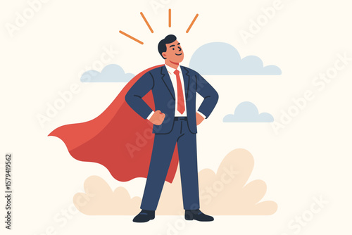 Businessman superhero metaphor for confidence, success, leadership. Strong employee with power to win and get the job done. Outstanding worker motivation and determination.