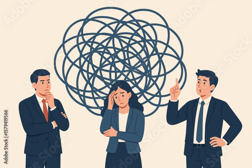 Business team solving a complicated problem. Metaphor for challenge, complexity, and brainstorming. Woman feels stress and anxiety while man finds an idea and a solution.