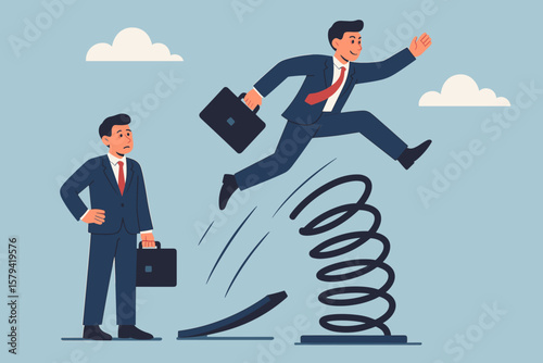 Competitive advantage. Innovation to outsmart and overtake competition. Business winning strategy. Smart way to win. Career growth concept. Businessman jumping from springboard.