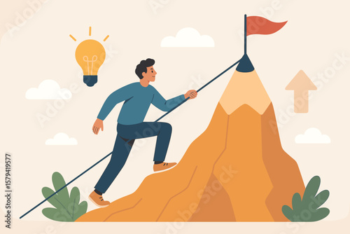 Creative challenge to reach goal. Business idea, motivation, and inspiration to achieve target. Man climbing pencil mountain to reach the flag. Success and growth concept.