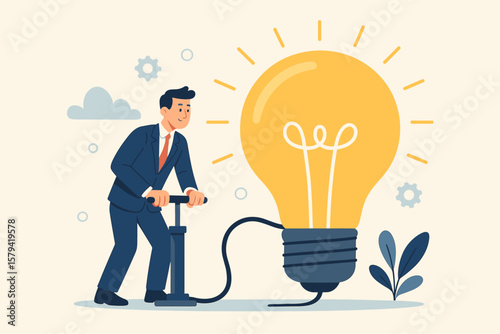 Businessman pumping a lightbulb. Metaphor for creating a new idea, creativity, innovation to solve a problem. Idea development, invention, imagination, and motivation concept.