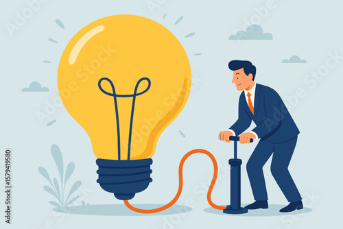 Businessman pump air into lightbulb. Create new idea. Creativity and innovation to solve problem. Idea development or invention. Imagination or motivation for solution.