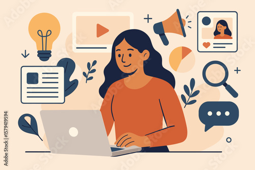 Content strategy marketing concept. Digital advertising and social media engagement. Woman with laptop planning storytelling for audience analysis. Creativity and influencer promotion.