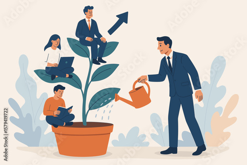 Business mentorship and career growth concept. Manager nurturing employee development. Team learning, professional success, opportunity, leadership, education, workplace training