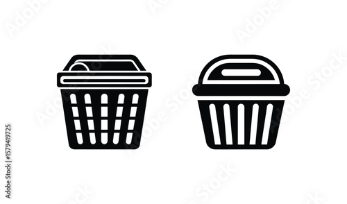 Two black icons of shopping baskets with handles on a white background
