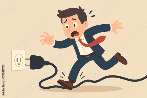Clumsy businessman tripping over electric power cable, accident mistake concept, workplace safety hazard, business failure, risk management, cartoon vector illustration