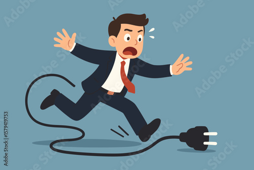 Clumsy businessman tripping over electric power cord, business failure mistake accident risk, workplace hazard, danger, stress, crisis, problem, cartoon vector illustration