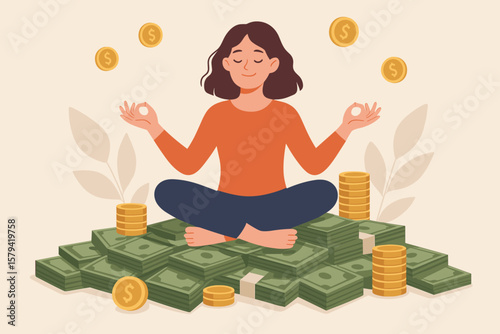 Financial wellbeing, money management, wealth accumulation, investment, savings, income success, woman meditating in lotus pose on cash, prosperity, mindfulness, riches