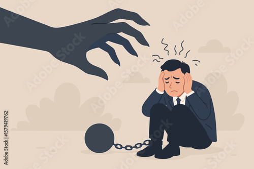Fear of Failure Anxiety Stress Burnout Concept. Businessman Shackled by Ball and Chain, Overwhelmed by Depression, Phobia, Negative Thinking, Mental Health Crisis Illustration
