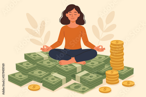 Financial wellness meditation concept. Woman in lotus pose sitting on cash stacks and gold coins. Money management, investment, wealth accumulation, success, income balance