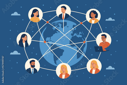 Global business network connection, remote teamwork, international collaboration, social media, digital communication, worldwide people link, online work community concept