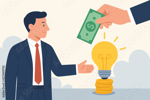 Venture capital investment for startup business idea, investor funding innovation, financial support, sponsorship, businessman receives money, entrepreneurship concept illustration